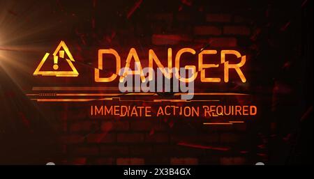 Image of exclamation in triangle, danger, immediate action required text on abstract background Stock Photo