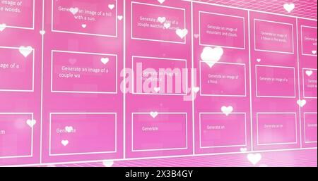 Image of texts, pictures in rectangle with falling heart shapes and binary codes in background Stock Photo