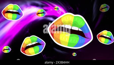 Image of rainbow colors on mouths over moving abstract pattern against black background Stock Photo