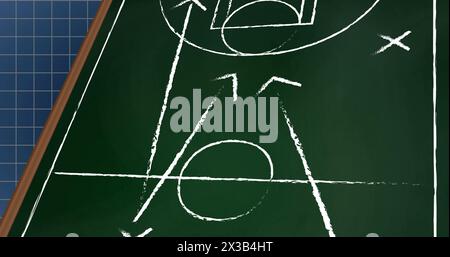 Image of white colored arrows and symbols on sports court over grid pattern on black background Stock Photo