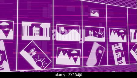 Image of texts and pictures in rectangle with falling binary codes over purple background Stock Photo