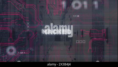 Image of hacked text over computer servers and data processing Stock Photo