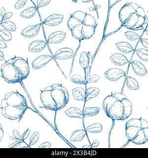 Monochrome seamless pattern with cotton and eucalyptus branches. Vector illustration in retro detailed style. Stock Vector