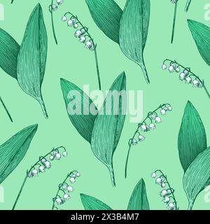 Seamless pattern with lilly of the valley flowers. Vector illustration in retro etching style. Stock Vector