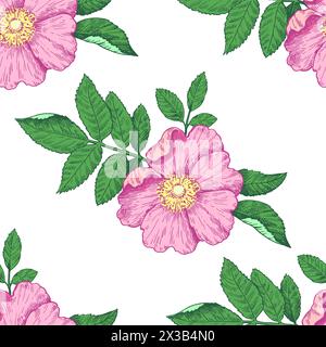 Seamless pattern with wild rose flowers. Vector illustration in retro detailed style. Stock Vector