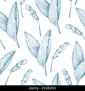 Monochrome seamless pattern with lilly of the valley flowers. Vector illustration in retro etching style. Stock Vector