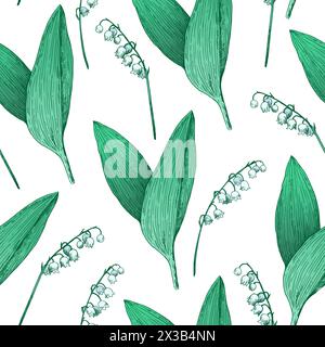 Seamless pattern with lilly of the valley flowers. Vector illustration in retro etching style. Stock Vector
