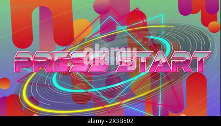 Image of press start text and circles over colourful background Stock Photo