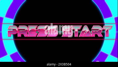 Image of press start text and blue shapes over black background Stock Photo