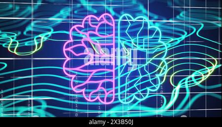 Image of ai data processing over blue glowing lines on dark background Stock Photo