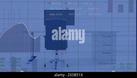 Image of financial data processing over office with computer on desk Stock Photo