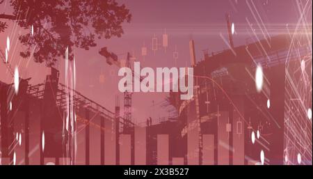 Image of digital interface with financial data processing over construction site Stock Photo