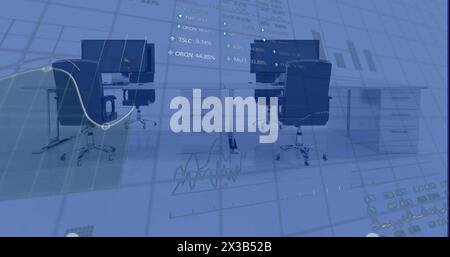 Image of financial data processing over office with computers on desks Stock Photo