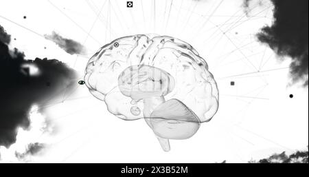 Image of glowing human brain with data processing and clouds Stock Photo