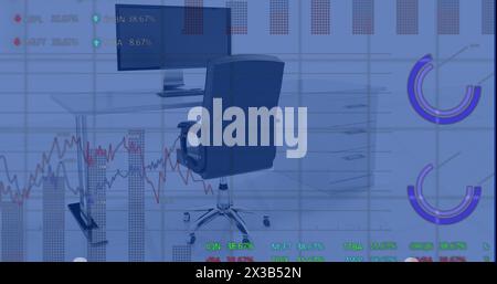 Image of financial data processing over office with computer on desk Stock Photo