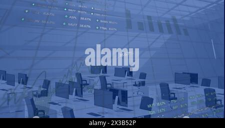 Image of financial data processing over office with computers on desks Stock Photo