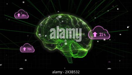 Image of glowing human brain with numbers processing on clouds Stock Photo