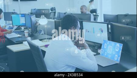Image of multiple notification bars, african american man looking at presentation in laptop Stock Photo