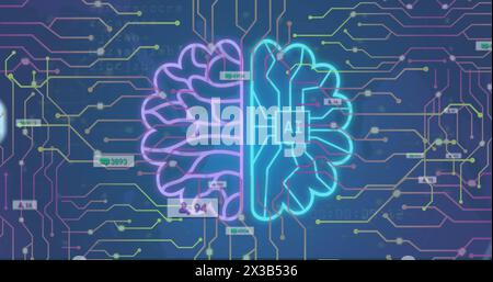 Image of message box and ai text in brain over dots moving in circuit board pattern Stock Photo