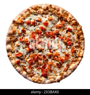 Top view of margherita pizza on a white background . Pizza with sausages and red onion on a white background. Top view.Very high quality photo. Stock Photo