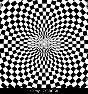 Checkered optical illusion. Black and white hypnotic spiral. Geometric radial pattern. Vector illustration. EPS 10. Stock Vector