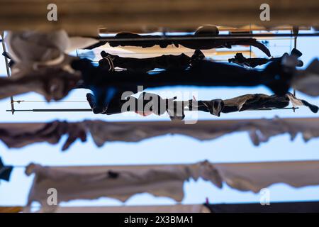Laundry drying on washing lines at a house in Barcelona, Spain Stock Photo