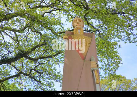 Sculpture and monument to French Marshal Michel Ney with uniform, sword and medals, stabbing weapon, detail, Vauban Island, Vaubaninsel, Saarlouis Stock Photo