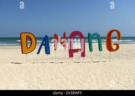 A colorful Da Nang sign on the beach in Da Nang, Vietnam. Stock Photo