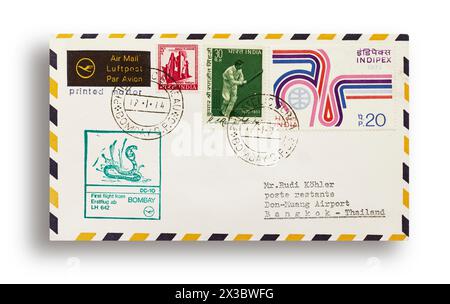 First flight letter, first flight cover, Lufthansa first flight LH642 with DC10 from Bombay, India, to Bangkok, Thailand, on 19 January 1974 Stock Photo