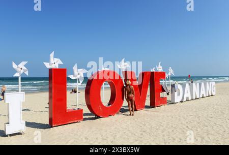 I Love Da Nang sign on the beach in Da Nang, Vietnam. Stock Photo