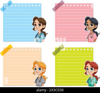 Four illustrated kids with blank notepads for messages Stock Vector