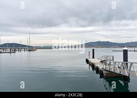 The town of Baiona from the sea. In the foreground is the marina. Rias Baixas, Galicia, Spain. Stock Photo