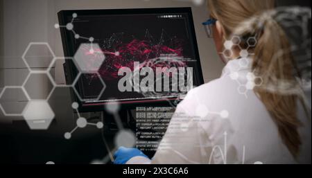 Image of scientific data processing over caucasian female scientist in laboratory Stock Photo