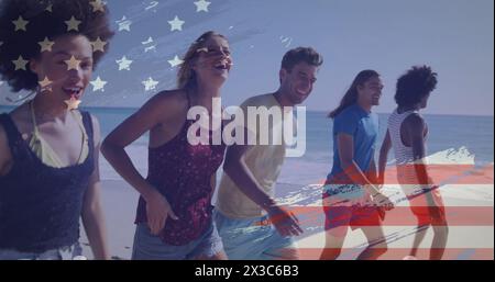 Image of american flag over happy diverse friends walking on sunny beach Stock Photo