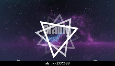 Image of multiple white triangles spinning on seamless loop over glowing pink light trails Stock Photo