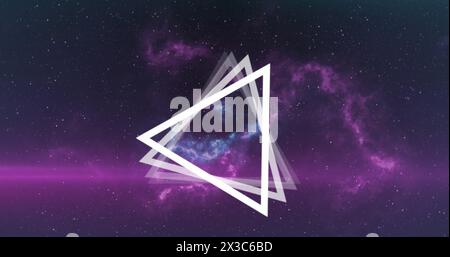 Image of multiple white triangles spinning on seamless loop over glowing pink light trails Stock Photo