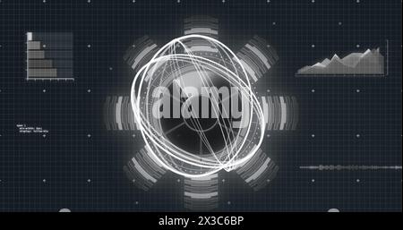 Image of data processing over globe spinning and grid in background Stock Photo