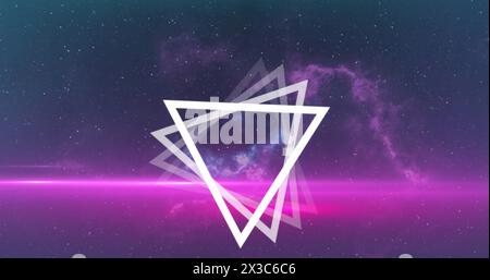 Image of multiple white triangles spinning on seamless loop over glowing pink light trails Stock Photo