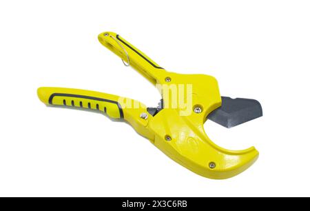 Yellow Multifunction Ratchet type PVC Tube and Plastic Pipe Cutter, Pipe Cutting, Plumbing Pipe, Wire and Trunking cutter scissors isolated on white b Stock Photo