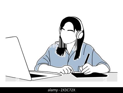 A woman graphic designer sitting at a desk with laptop, tablet and pen. Girl wearing headphones, drawing at tablet and looking to computer screen. Vec Stock Vector