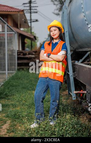 portrait train locomotive engineer women worker. Happy Asian young teen smiling work at train station train track locomotive service maintenance. Stock Photo