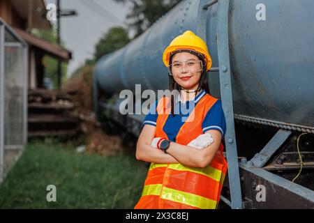 portrait train locomotive engineer women worker. Happy Asian young teen smiling work at train station train track locomotive service maintenance. Stock Photo