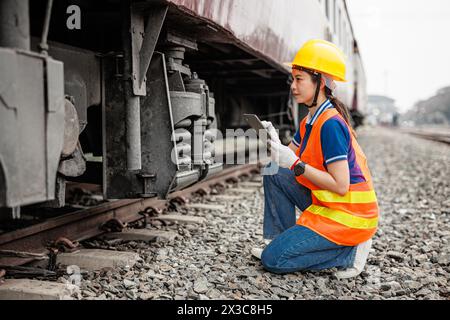 Train locomotive engineer women worker. Young teen Asian working check service maintenance train using tablet computer software. Stock Photo