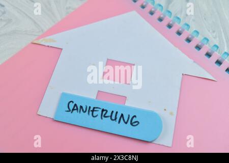 Concept of Sanierung write on sticky notes isolated on Wooden Table. Stock Photo
