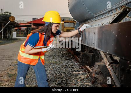 engineer women worker servicing check train. young teen maintenance locomotive rail transport vehicle. Stock Photo