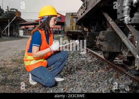 engineer women worker servicing check train. young teen maintenance locomotive rail transport vehicle. Stock Photo