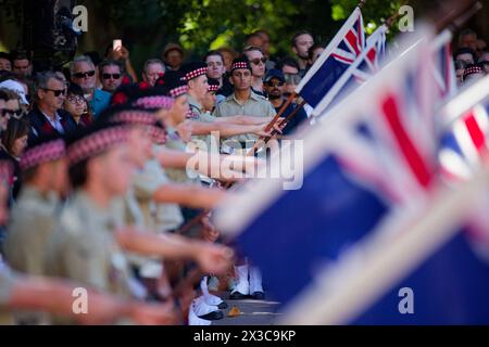 Sydney, Australia. 25th Apr, 2024. Scots College Cadet Unit and Flag Orderlies during the ANZAC Day Commemoration Service at the Anzac Memorial, Hyde Park South on April 25, 2024 in Sydney, Australia Credit: IOIO IMAGES/Alamy Live News Stock Photo