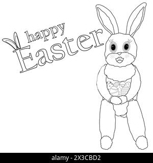 Hare smiling and holding decorated Easter eggs in his paws. Happy Easter inscription. Childrens coloring books. Vector contour drawing Stock Vector