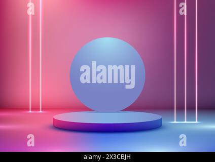 3D realistic modern technology style empty blue color podium stand decoration with circle backdrop and neon laser lines background. Use for beauty cos Stock Vector