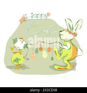 Happy Easter greeting card with cute chickens and bunny. and colorful eggs. Animal wildlife holiday cartoon character. Vector Stock Vector